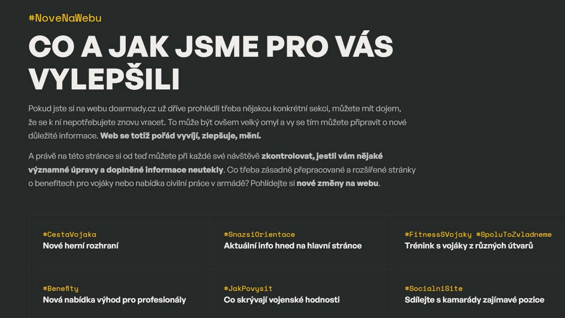 Co a jak se na webu mění a vyvíjí najdou uživatelé přehledně na jednom místě v sekci „Děje se“ v rubrice „Nově na webu“. Na jeden snímek se ovšem vešla jen menší část novinek.