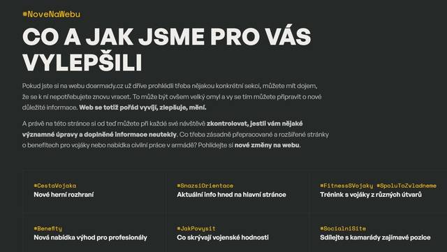 Co a jak se na webu mění a vyvíjí najdou uživatelé přehledně na jednom místě v sekci „Děje se“ v rubrice „Nově na webu“. Na jeden snímek se ovšem vešla jen menší část novinek.
